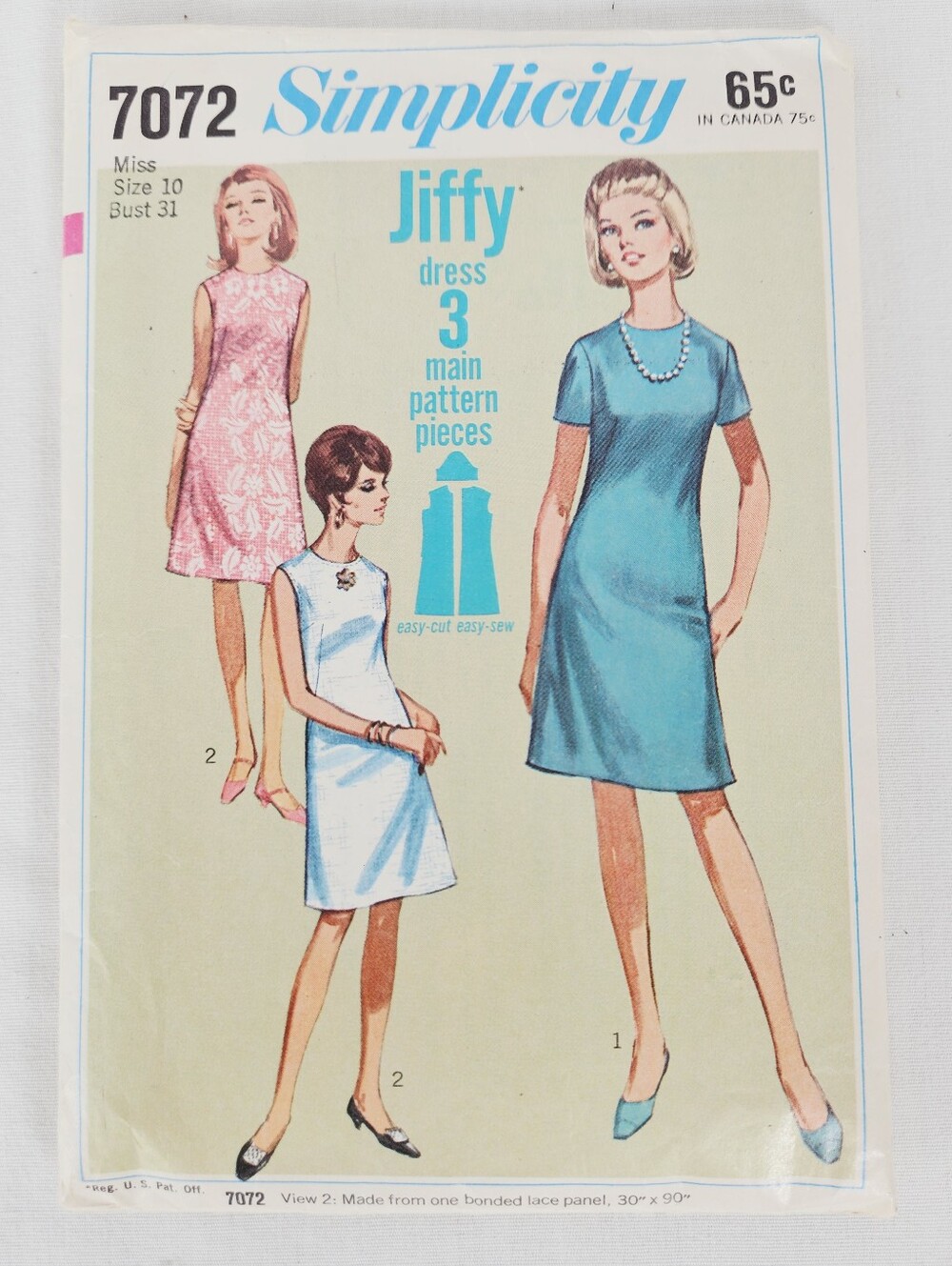 Vintage 1967 Simplicity 7072 Jiffy A-Line Shift Dress Sewing Pattern Size 10